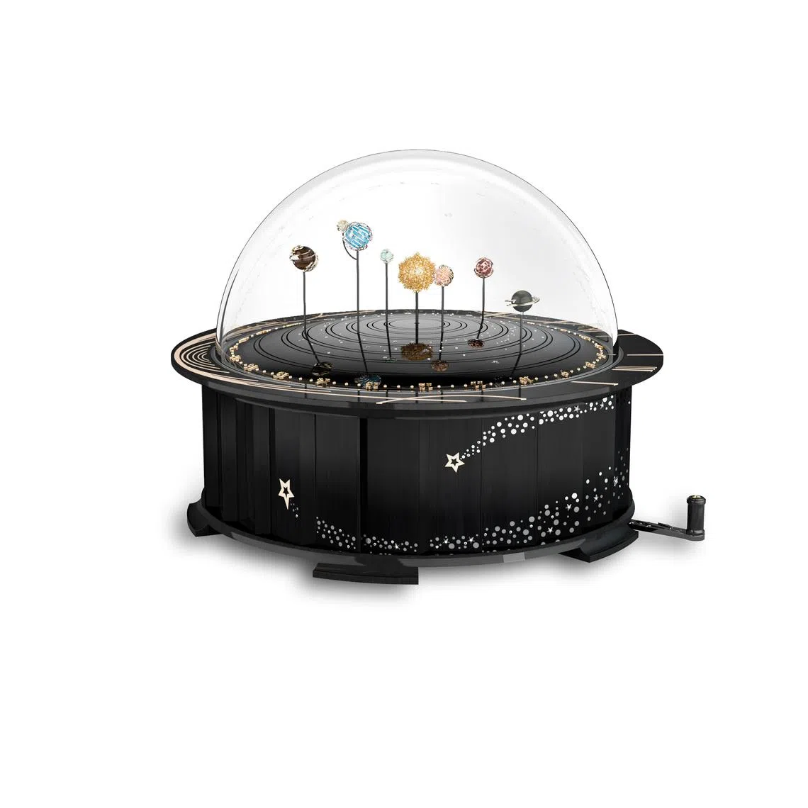 天象仪自动机械装置用不同宝石打造太阳系行星，且运转速度与星体实际周期相同。（梵克雅宝提供）