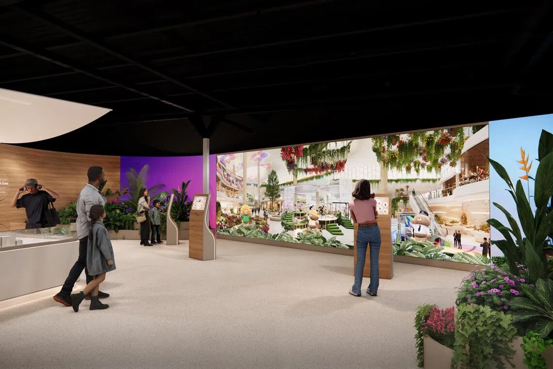 第五展区“与T5 一起想、向未来”（Come Imagine with T5）设有人工智能互动壁画，引导公众思考樟宜机场未来搭客大厦的可能面貌。（樟宜机场集团提供）