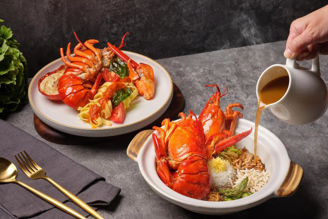 龙虾意大利宽面（左）和金瓜龙虾泡饭，用整只缅因龙虾烹煮，鲜香十足。（酒店提供）