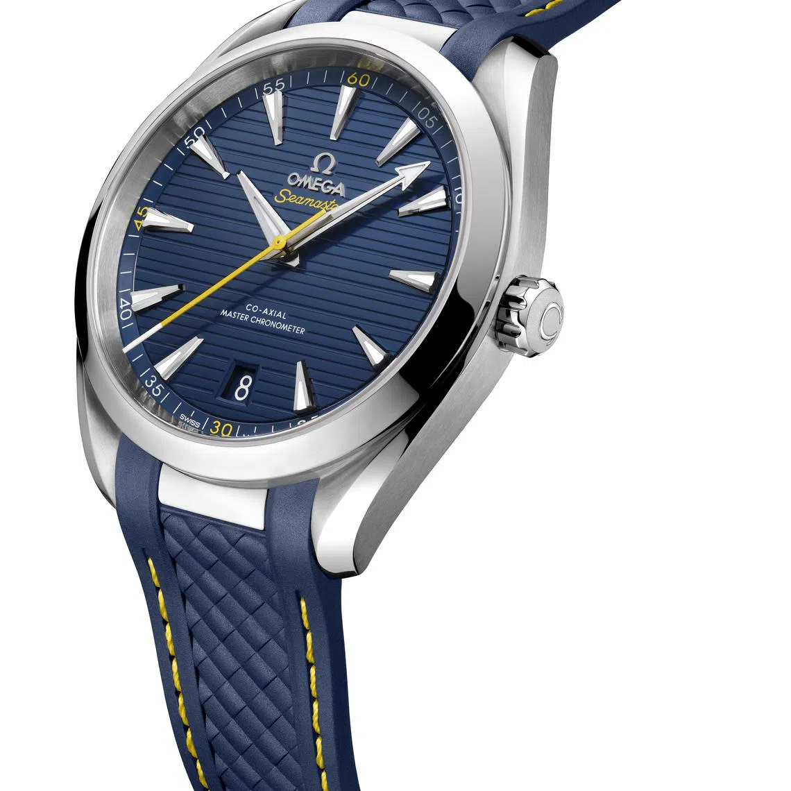 受撑杆跳运动员杜普兰蒂斯启发的海马系列Aqua Terra腕表设计独特，有黄色的海马名称和四分之一小时数字。（欧米茄提供）