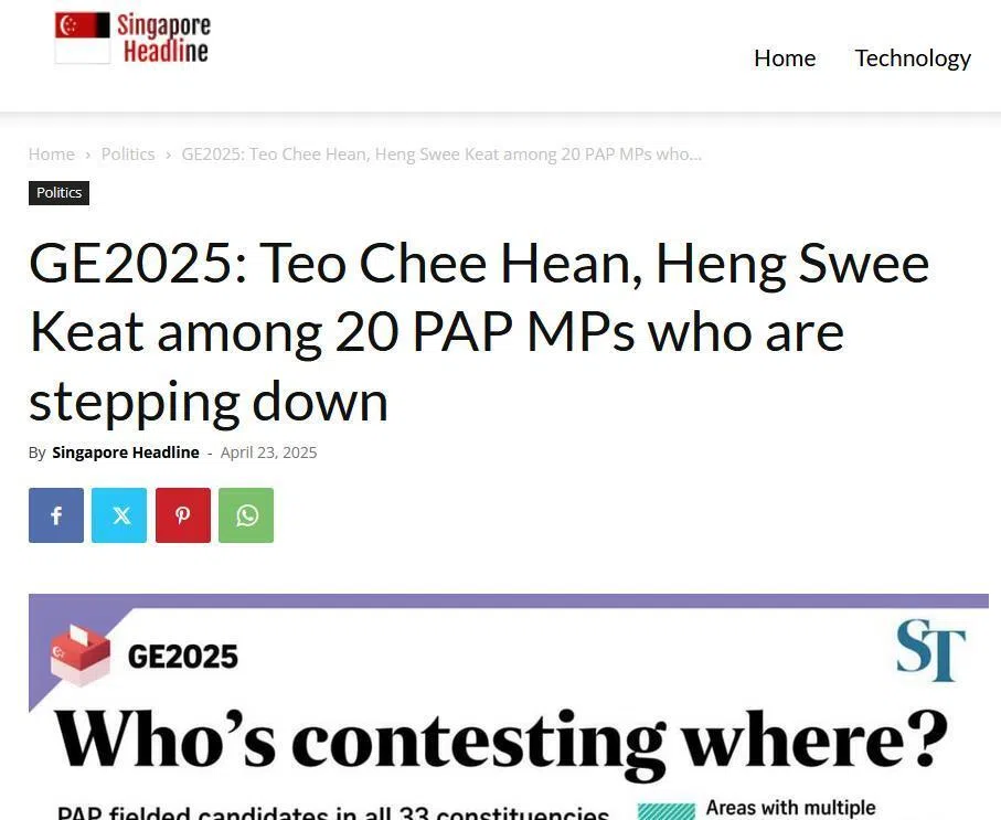 2025年4月23日，Singapore Headline发布了一篇与2025年大选相关的文章。文章源自《海峡时报》，却被其冒充为自家撰写。（网站截图）