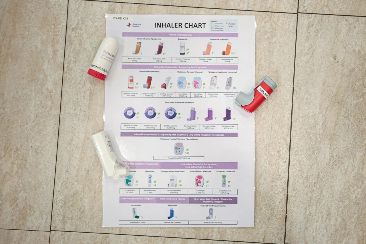 为了方便医生为患者推荐不同品牌的干粉吸入器，院方还制作了带有“绿叶”标签的分类图表海报。（刘志诚摄）