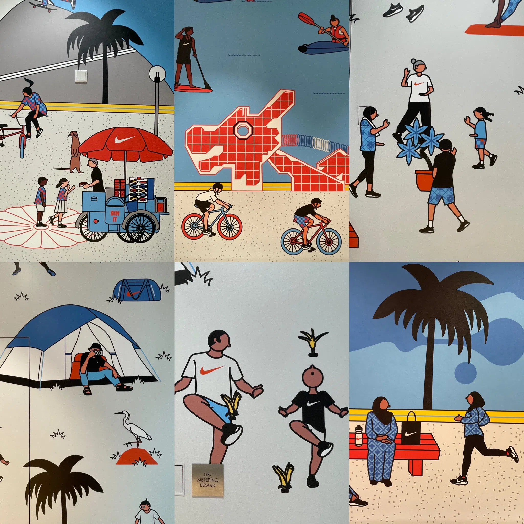 本地插画家郑美思这些接地气的狮城众生相插画，成功让耐吉乌节路与新加坡人搏感情。（林方伟摄）