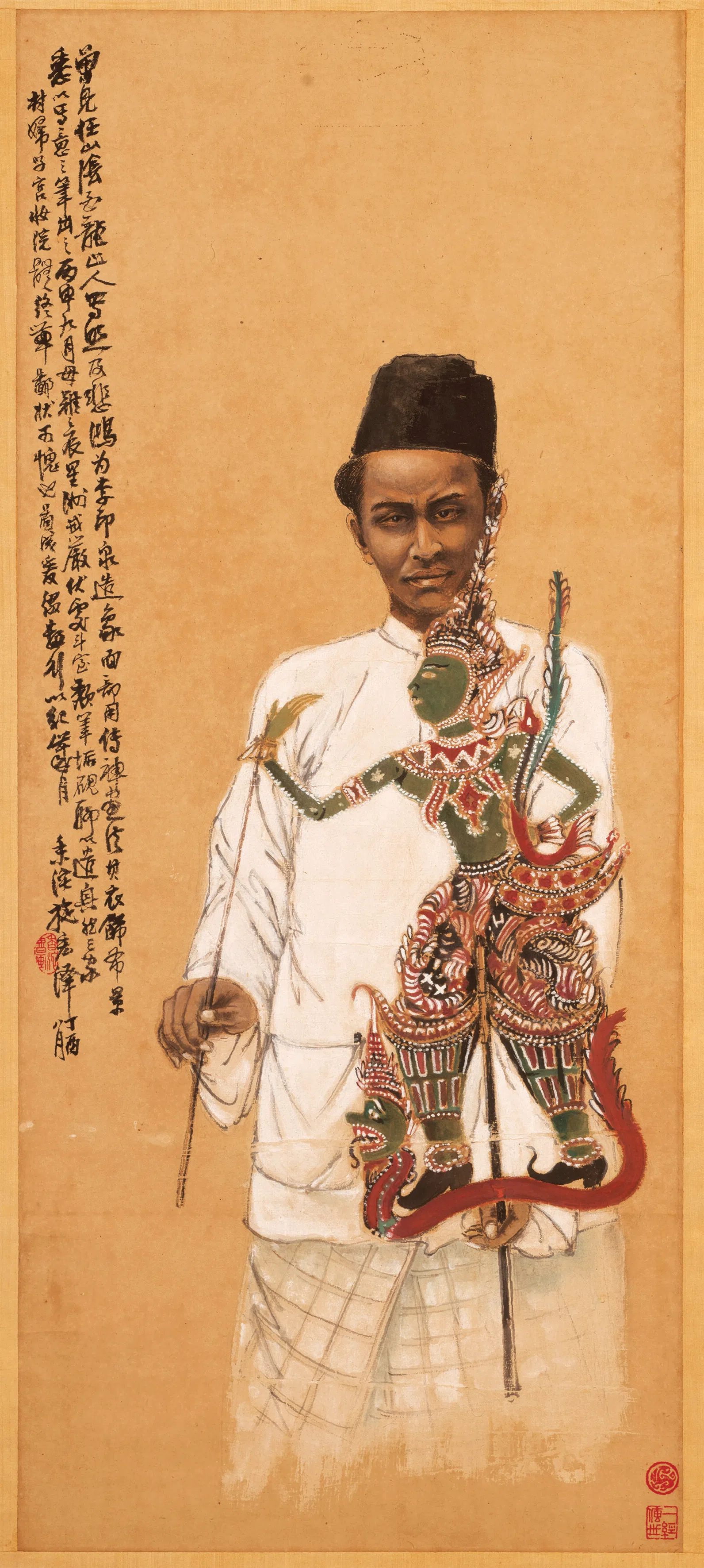 施香沱早期取材南洋风土、人物的代表作《皮影戏立轴》。（星凤堂藏品）