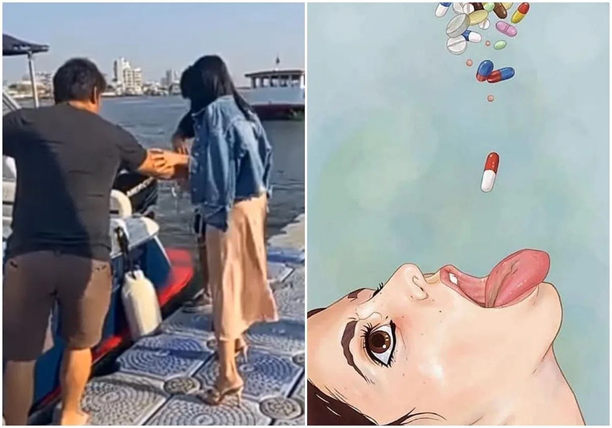 “神秘人士”上载一个视频（左），视频中的女子需要搀扶2个男子的手臂才得以登船。“神秘人士”也在该视频留言区贴出女子吞药的图片（右），引发网友对这起案件的猜想。（图/互联网）