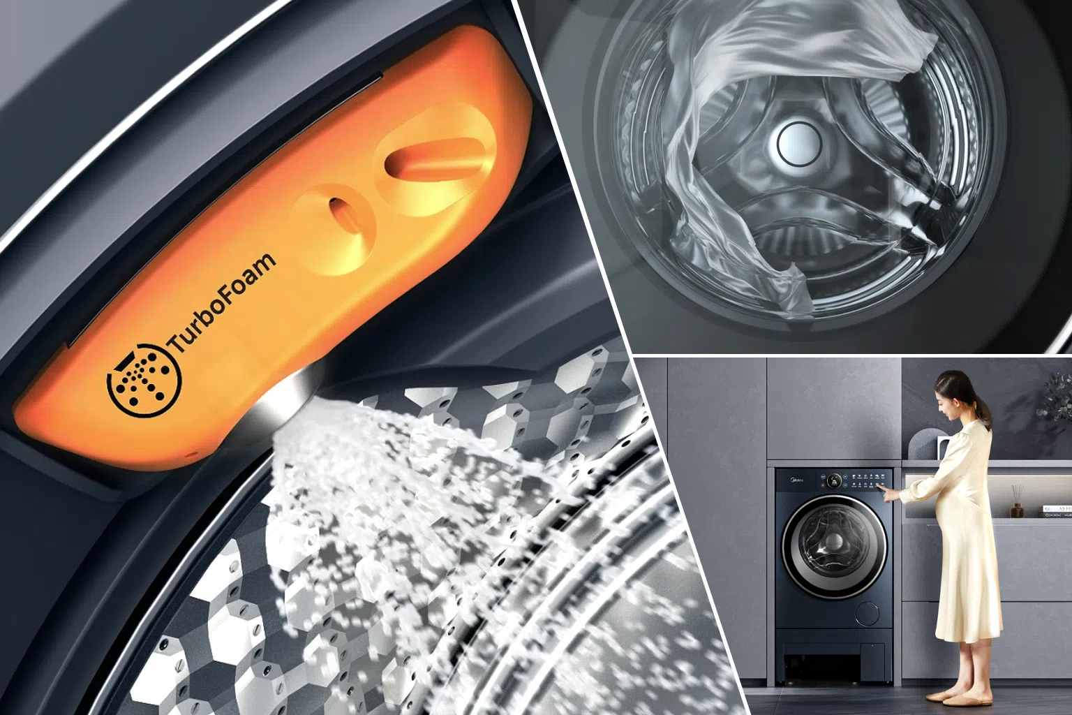 这台智能洗衣机可自动监测衣物重量，并添加适量的洗衣液，而微米级泡沫可渗透纤维，强力去污。（图/美的提供）