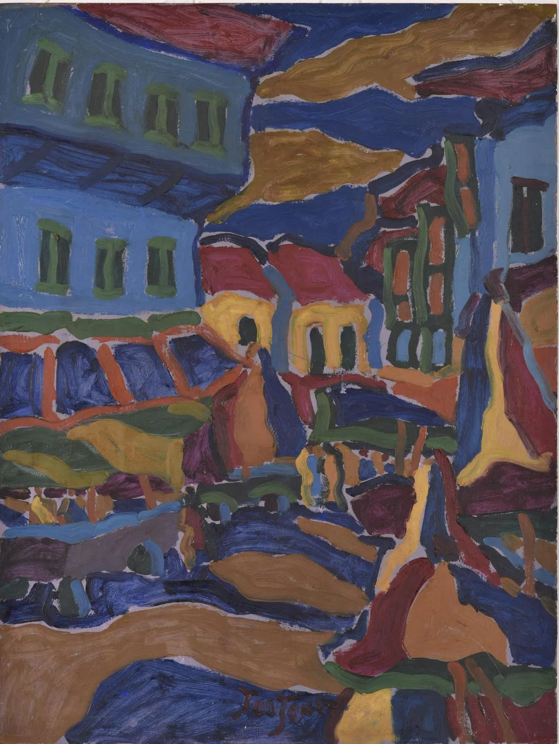新加坡画家陈有勇（1949-1984）油画《牛车水》。（秋斋珍藏）