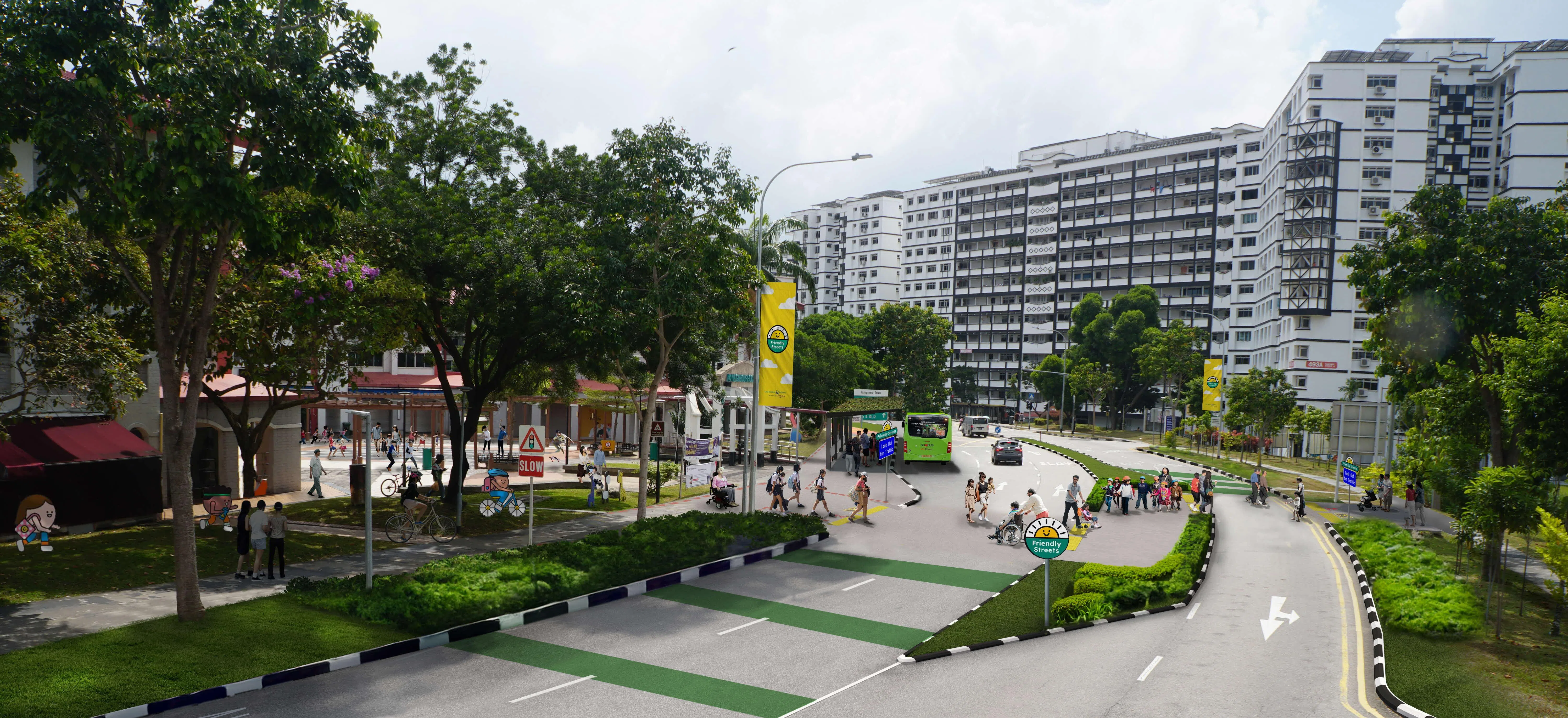 淡滨尼9道N4邻里中心（图左）和住宅区之间道将增加无障碍人行过道，方便居民往返住家和邻里中心。（陆交局构想图）