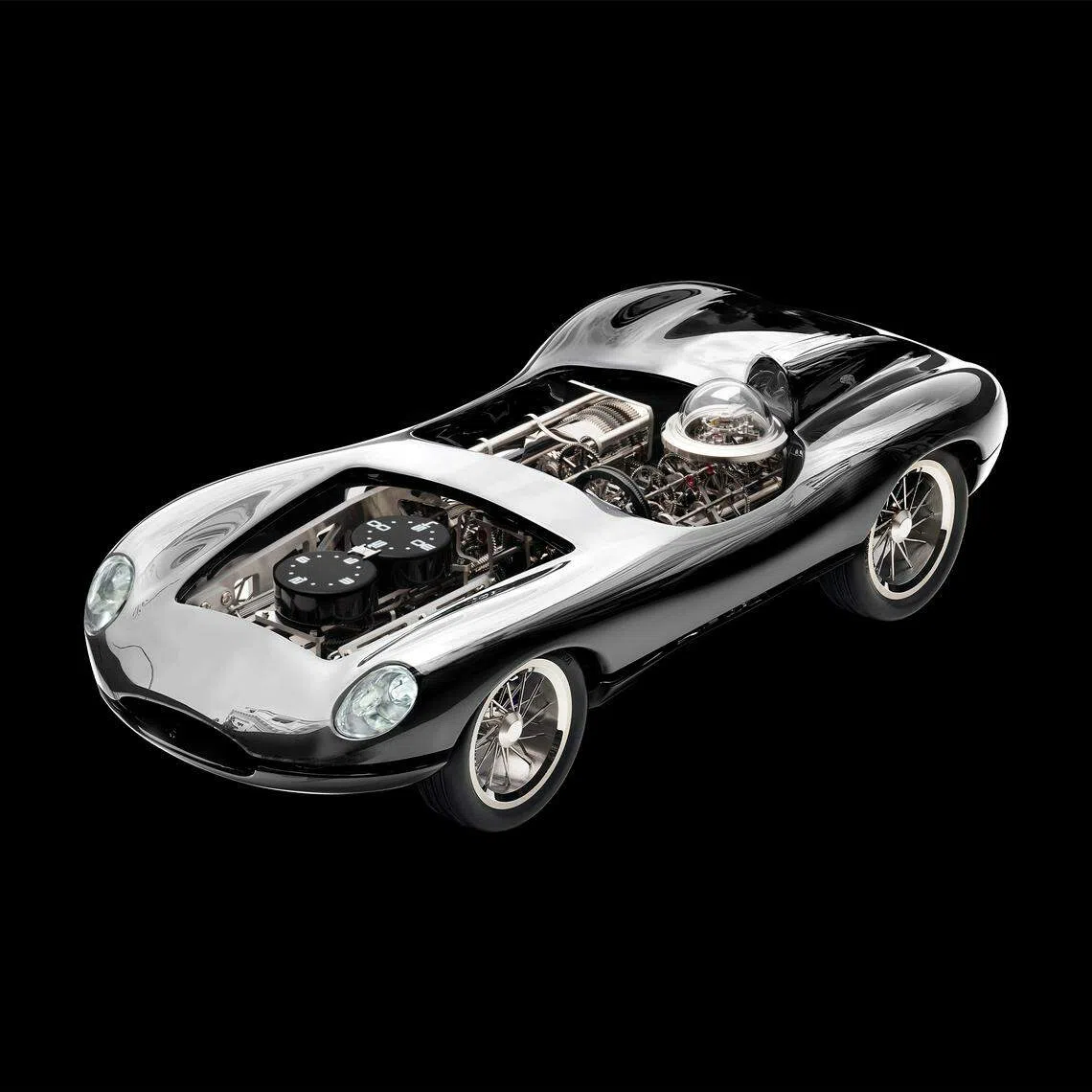 造型像1960年代赛车的L’Epee 1839 Time Fast II Chrome座钟，有两个独立机芯。（GPHG提供）