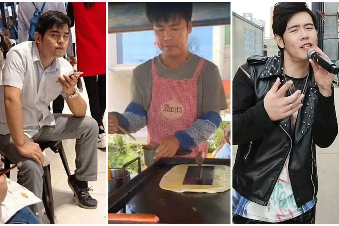 网上曾出现不少“山寨周杰伦”，包括“胖版”（左起）、卖蛋饼的，以及网红。（互联网）