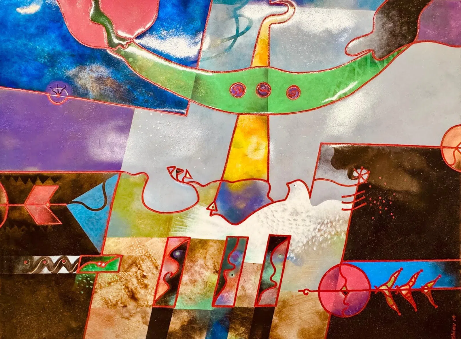 丘瑞福铝金属浮雕《日出》（122x91cm，2014）用色多。（丘艺才提供）