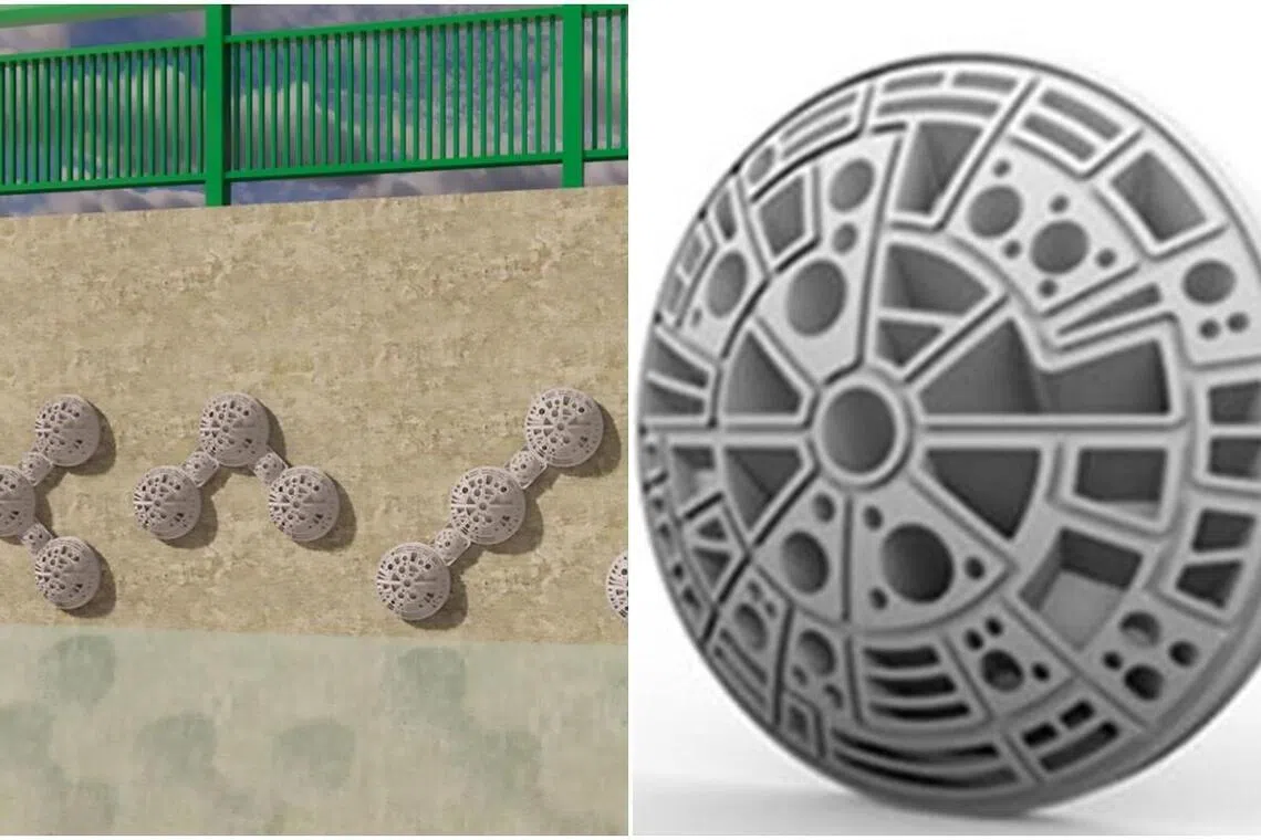 公用局也与新加坡国立大学海洋生态实验室合作，在水道墙壁铺设“生态多样性砖块”（biodiversity tiles）。（公用事业局提供）