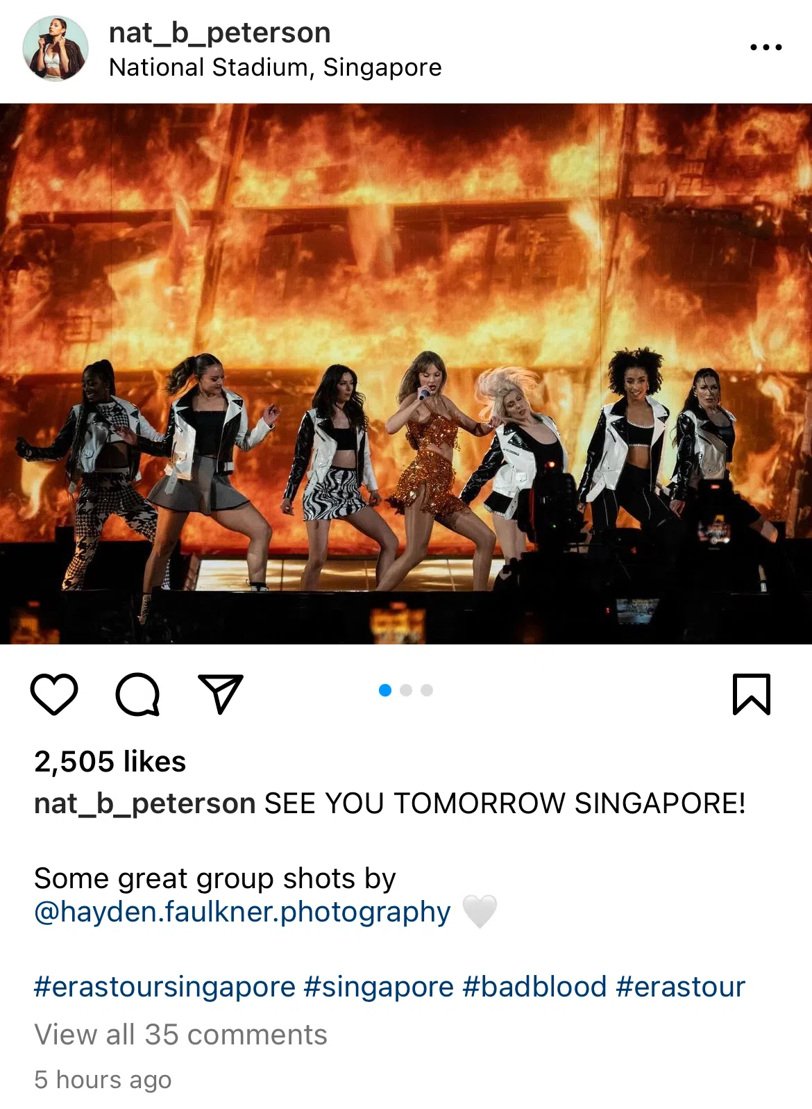 Natalie Peterson在IG分享前几天泰勒丝澳大利亚演唱会照片，写下“See you tomorrow Singapore”，打卡地点为国家体育场。（IG截图）