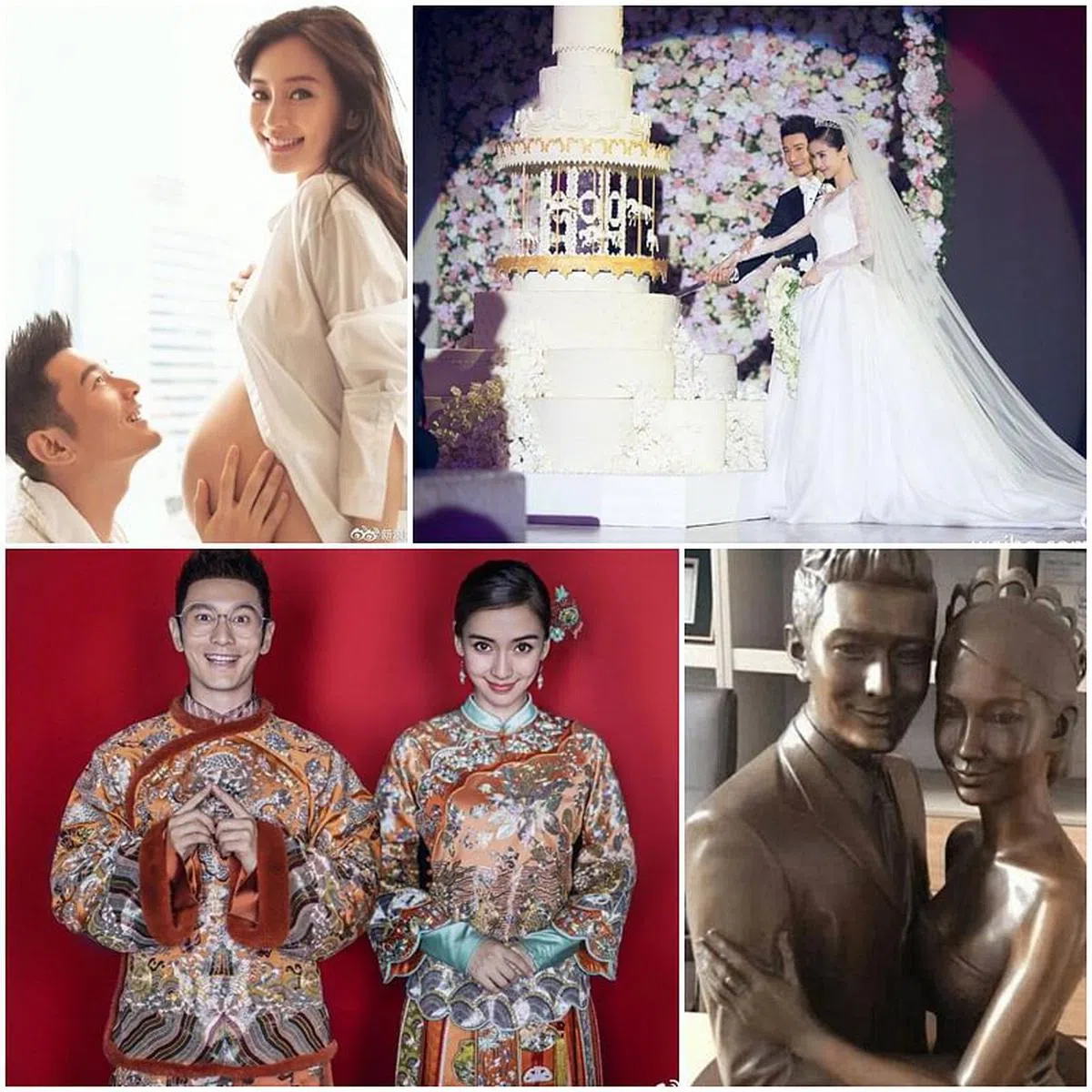 黄晓明和杨颖结婚生子的快乐时刻，包括他曾在工作室打造夫妻俩的铜像（右下图）。（互联网）