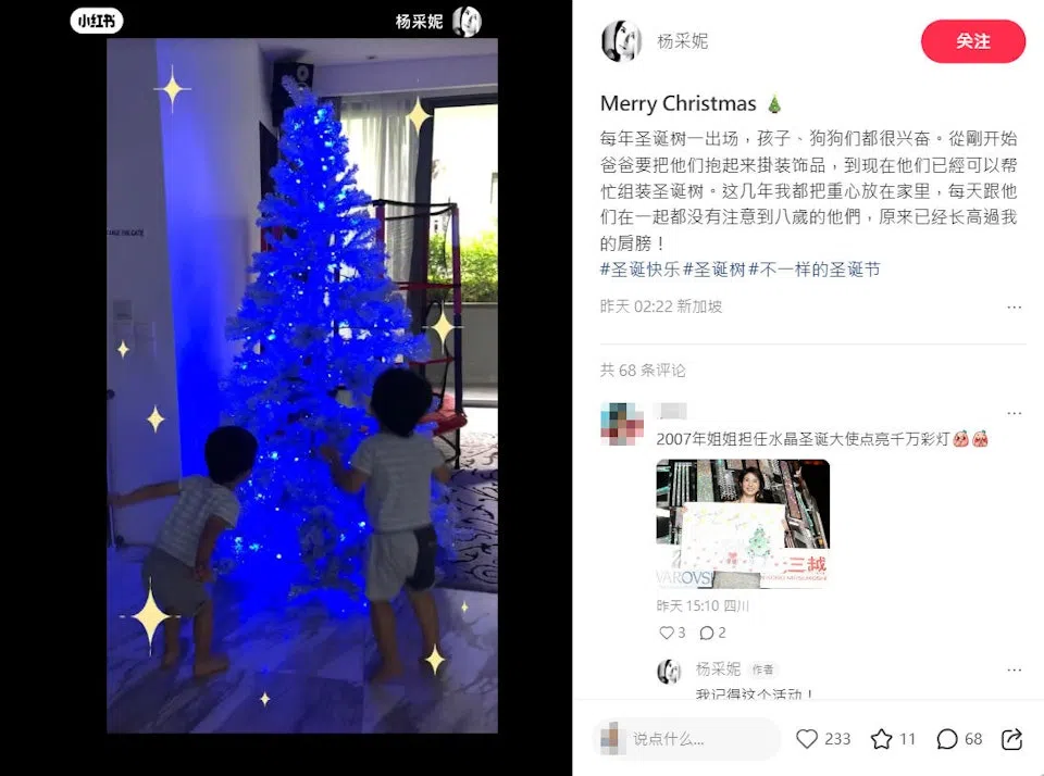 

杨采妮在小红书设立账号后发文，并晒出孩子和圣诞树的合照。（取自杨采妮小红书）