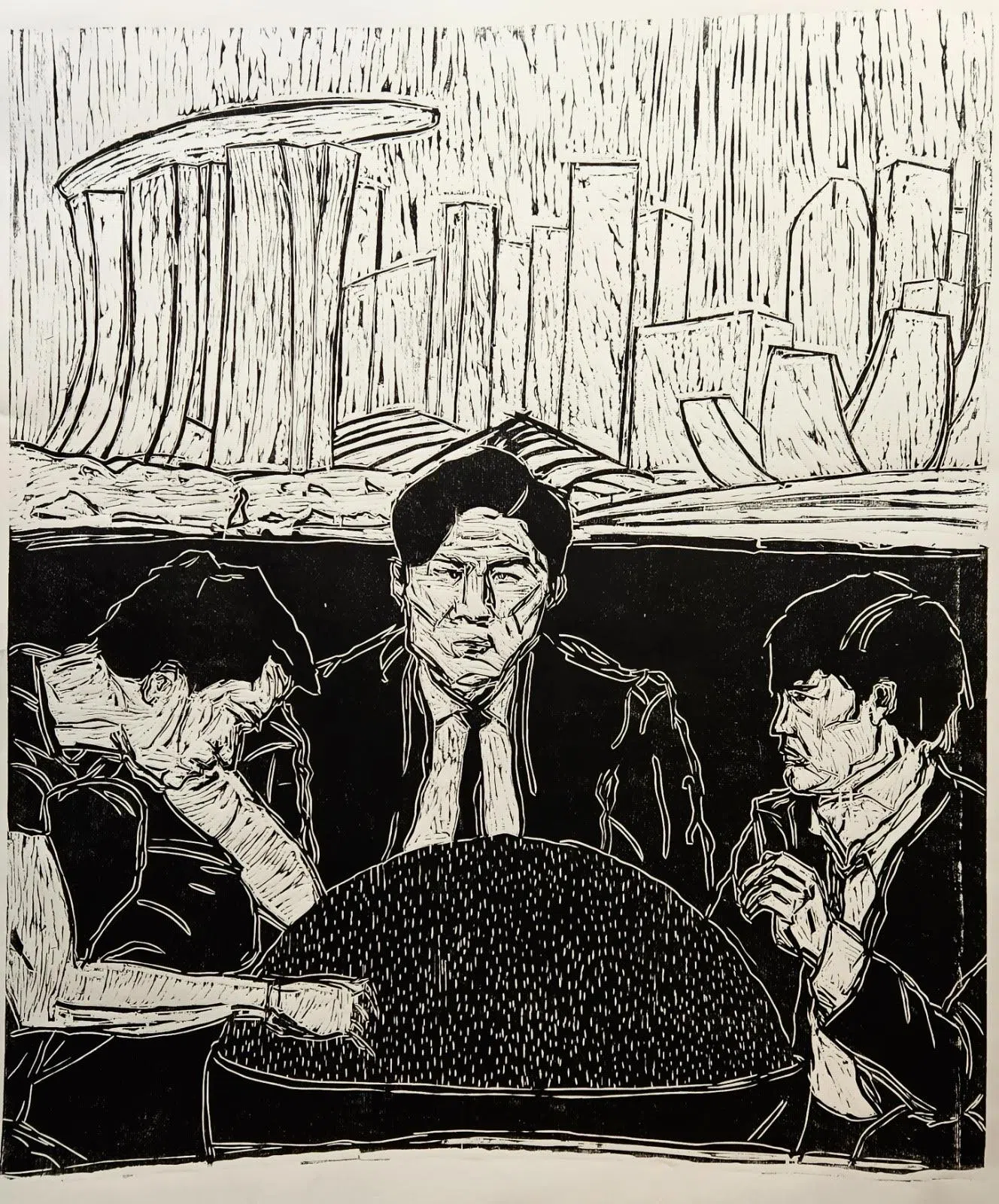 饭碗是张富铭版画创作主题之一。（受访者提供）