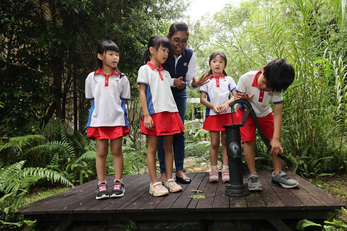 位于亨德申路的人民行动党社区基金会Sparkletots幼儿园，利用旧中学校舍打造出独特的幼儿学习空间。图为教师乌玛（中）带着学生进行户外学习。（邬福梁摄）