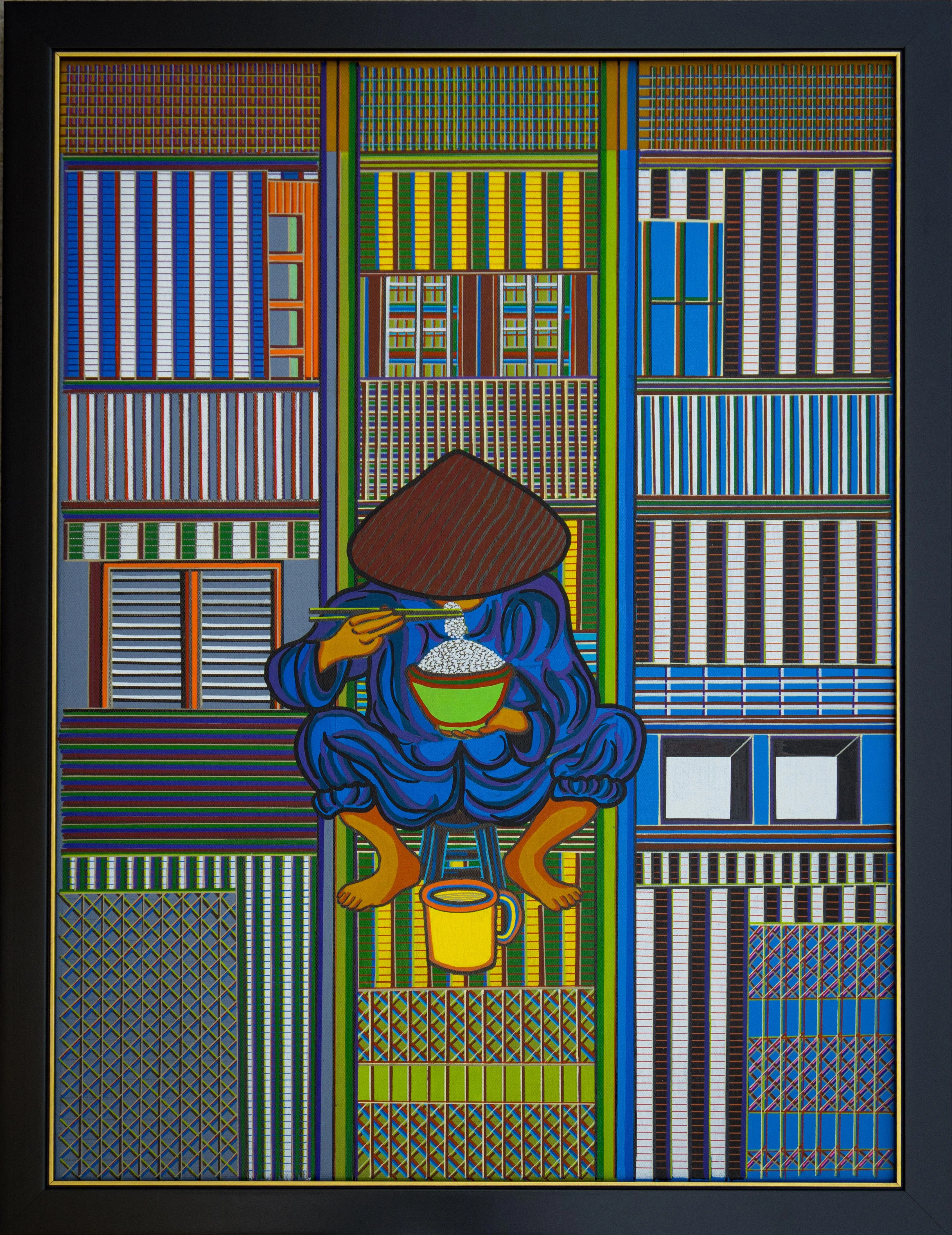 郭仲爱画作《河边小憩》描绘驳船夫阿发蹲在店屋前吃饭的情景。（受访者提供）