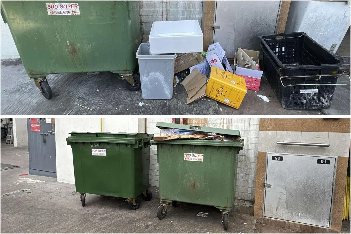 环境局也向实龙岗2道和3道的商业场所发出建议，要求增设垃圾桶和清除店铺外堆放的大型垃圾，以避免老鼠繁殖。图为其中一处场所不当弃置垃圾的情况（上图），以及接受当局的宣导等举措后的环境卫生情况（下图）的对照。（国家环境局提供）