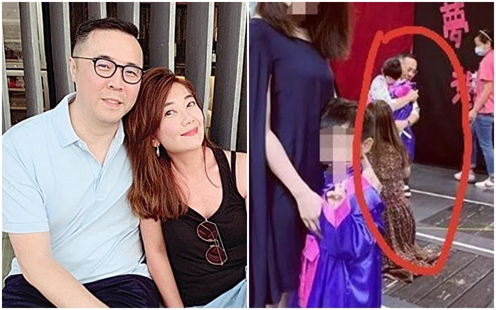 梁静茹（左图右）和前夫赵元同（左图左）出席儿子的毕业典礼，前者蹲下为父子俩合照。（互联网）