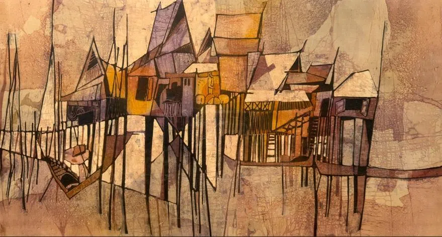 佘金裕峇迪作品《渔村》带立体主义色彩。（集菁艺社提供）