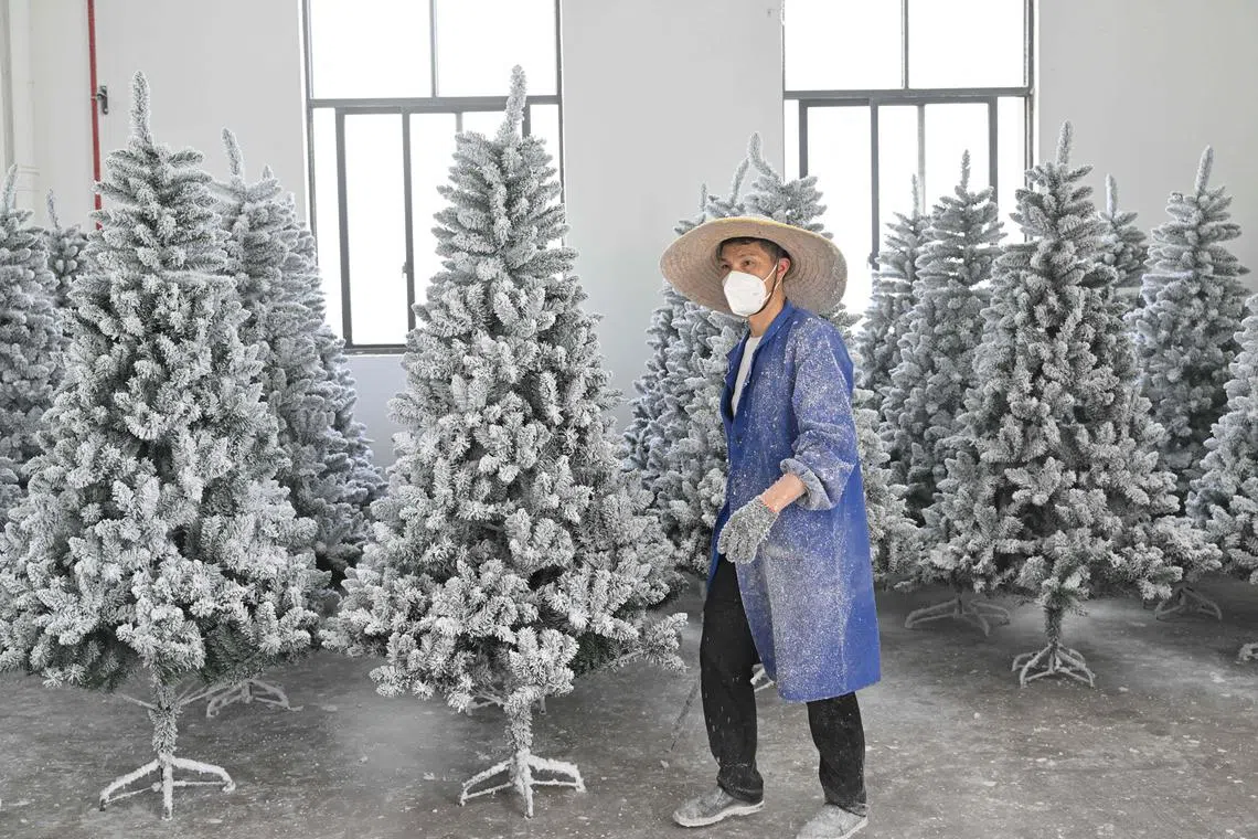特朗普政府对中国加征的“对等关税”不缓反加剧，不确定性干扰了市场运作，例如每年此时已经确定订单的中国圣诞节装饰品制造商至今还没接到美国的订单。图为中国浙江省金华市的一家圣诞树工厂。（法新社）