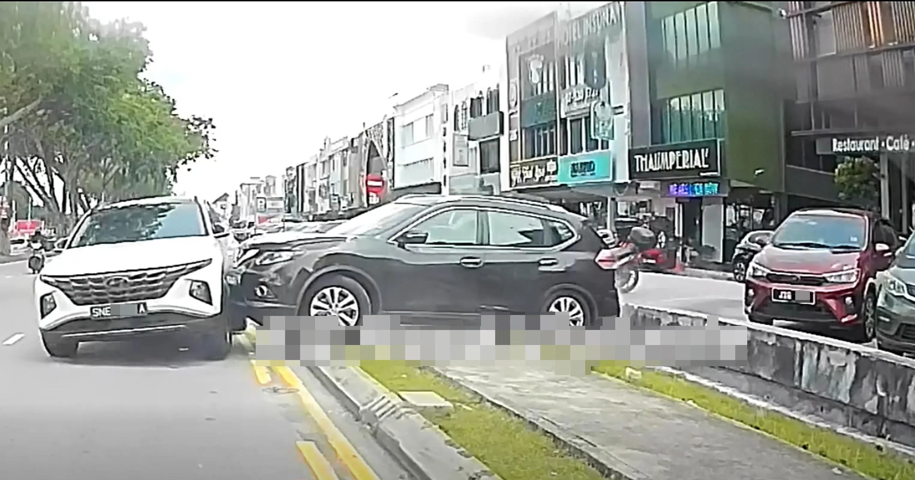 马国汽车疑踩错油门，冲过路墩和沟渠后，撞向路边的狮城车。（取自脸书）