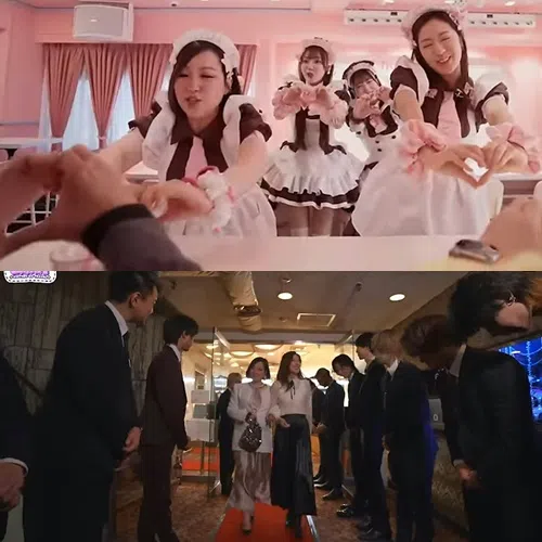 唐诗咏（上图右）和虾头（上图左）投入女仆角色，对着客人比爱心献殷勤。唐诗咏（下图左四）和虾头（下图左三）探访牛郎店，受到牛郎列队欢迎。（视频截图）