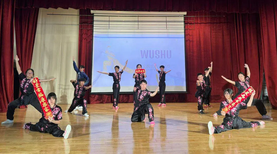 武术团团员表演高难度动作。（淡滨尼美廉初级学院提供）