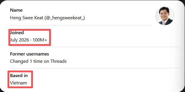 王瑞杰Threads账号显示今年7月在越南注册。（Threads截图）