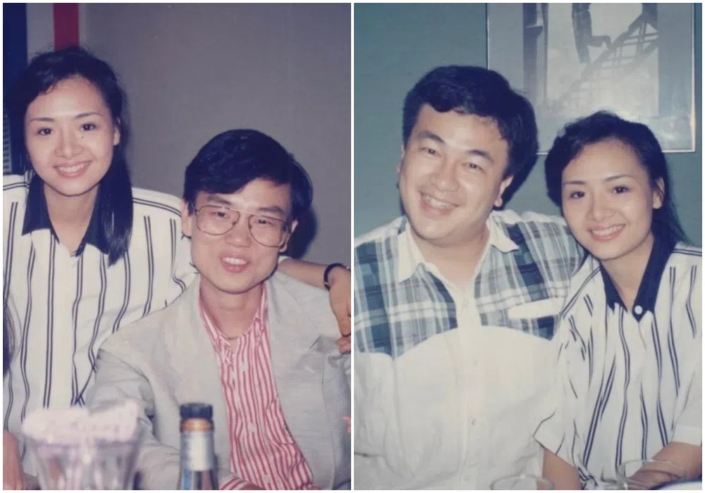 叶子楣36年前连同香港电影制作人黄百鸣（左图右）和编剧高志森（右图左）来新拍戏。（受访者提供）