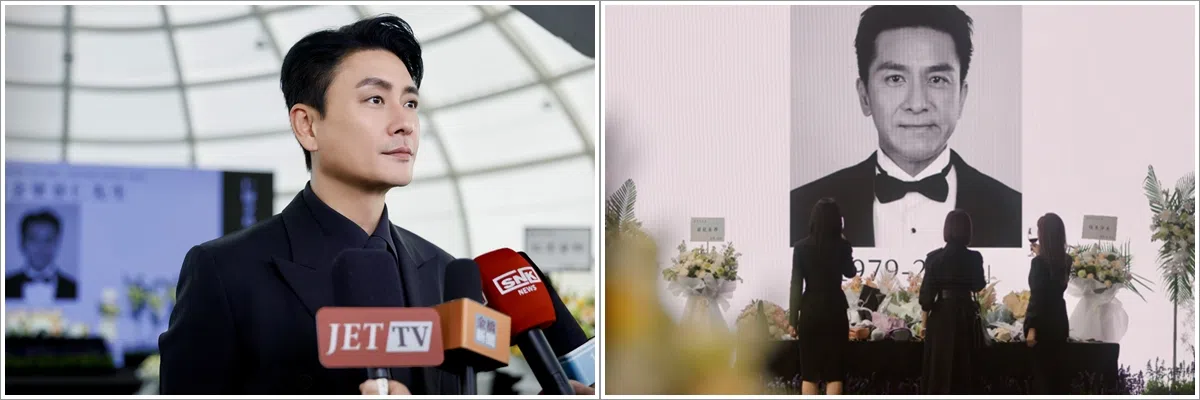 黄宗泽饰演的古肇华（左）空降出任SNK新闻台新总监，为了收视率与赚广告费，他不惜把新闻主播梁景仁（马国明饰，右）的追思会变成博眼球的新闻秀。（互联网）