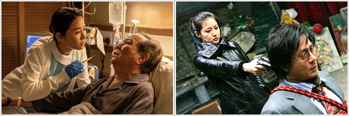 宣萱剧中出狱后踏上复仇之路（左），跟李英爱在电影《亲切的金子》的角色（右）有些相似。（互联网）