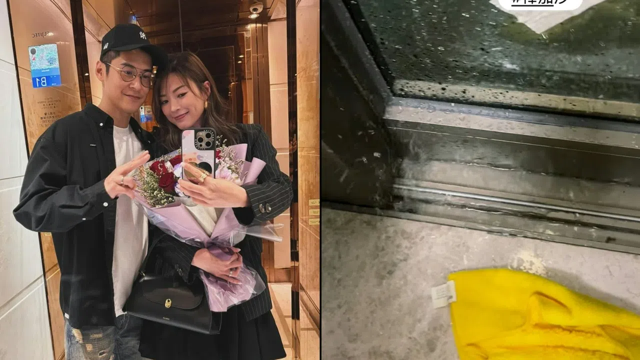 香港演员陈家乐（左图左）在社媒发布家中被台风袭击的照片。（互联网）