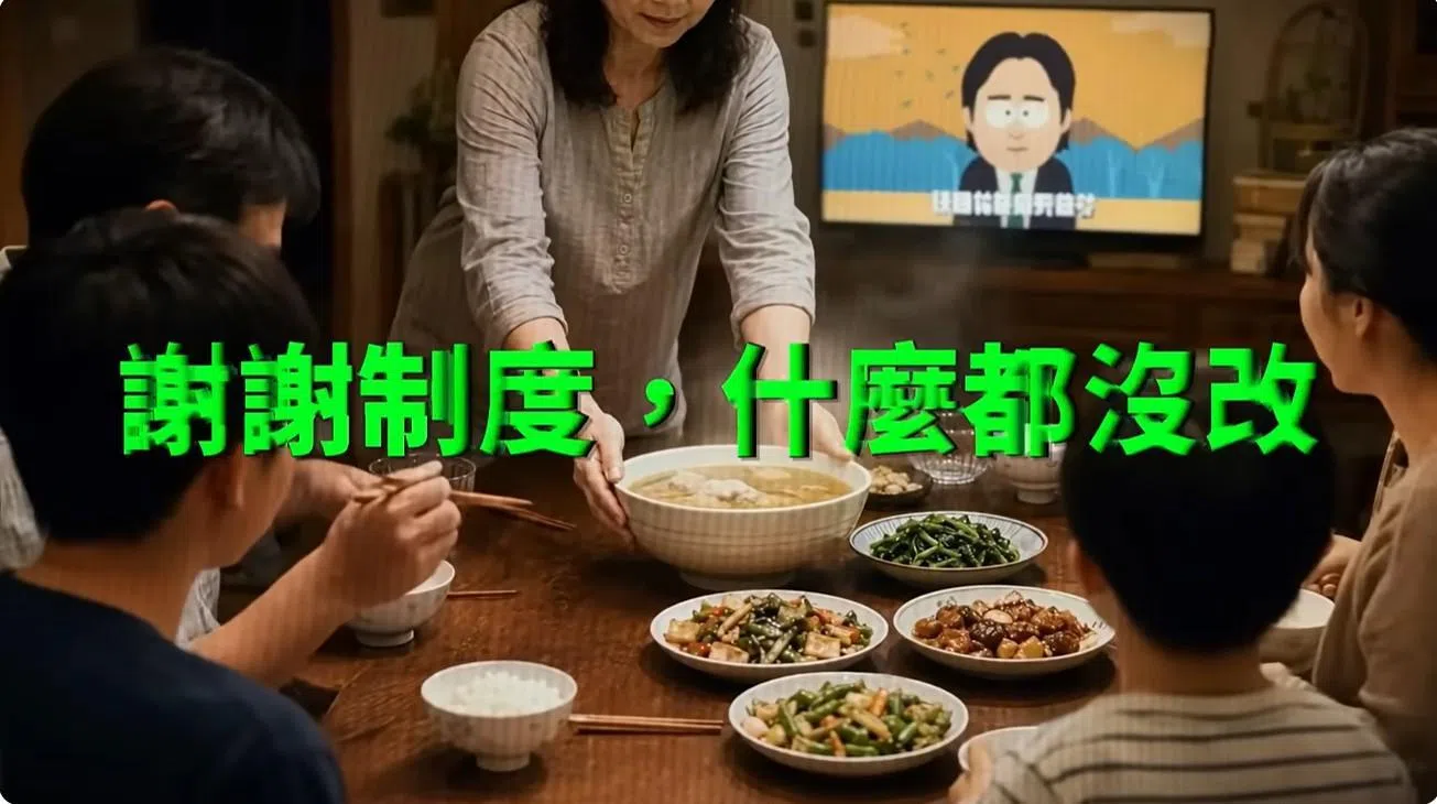 风向株式会社制作的AI讽刺影片《油不得你》，画面呈现一家人围桌用餐，背景电视则出现讽刺台湾总统赖清德的动画角色“莱尔校长”。由于片中旁白与赖清德的声音高度相似，引发争议。（网络截频）