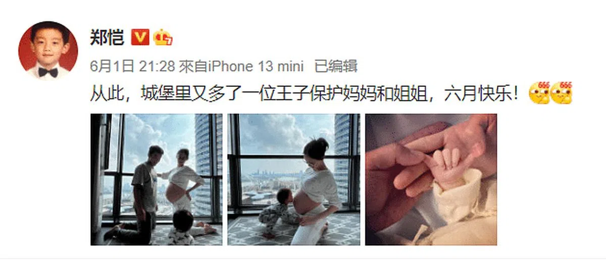 郑恺在微博公布好消息，也甜蜜晒出1家4口的全家福。（图/截自微博）