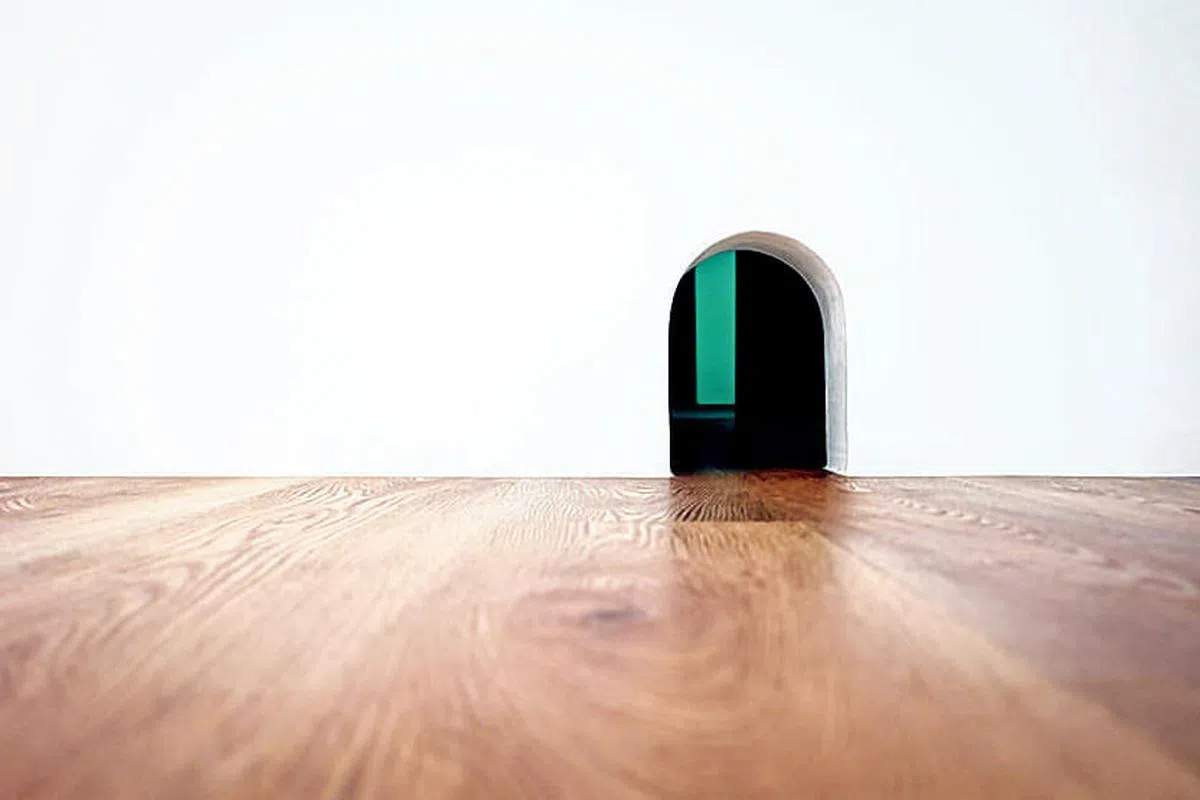 为了让猫咪有更适合它们本性的活动空间，屋主特地在墙壁地板之间开了一个“猫洞“，让猫咪可以自由钻进钻出。（叶振忠摄）