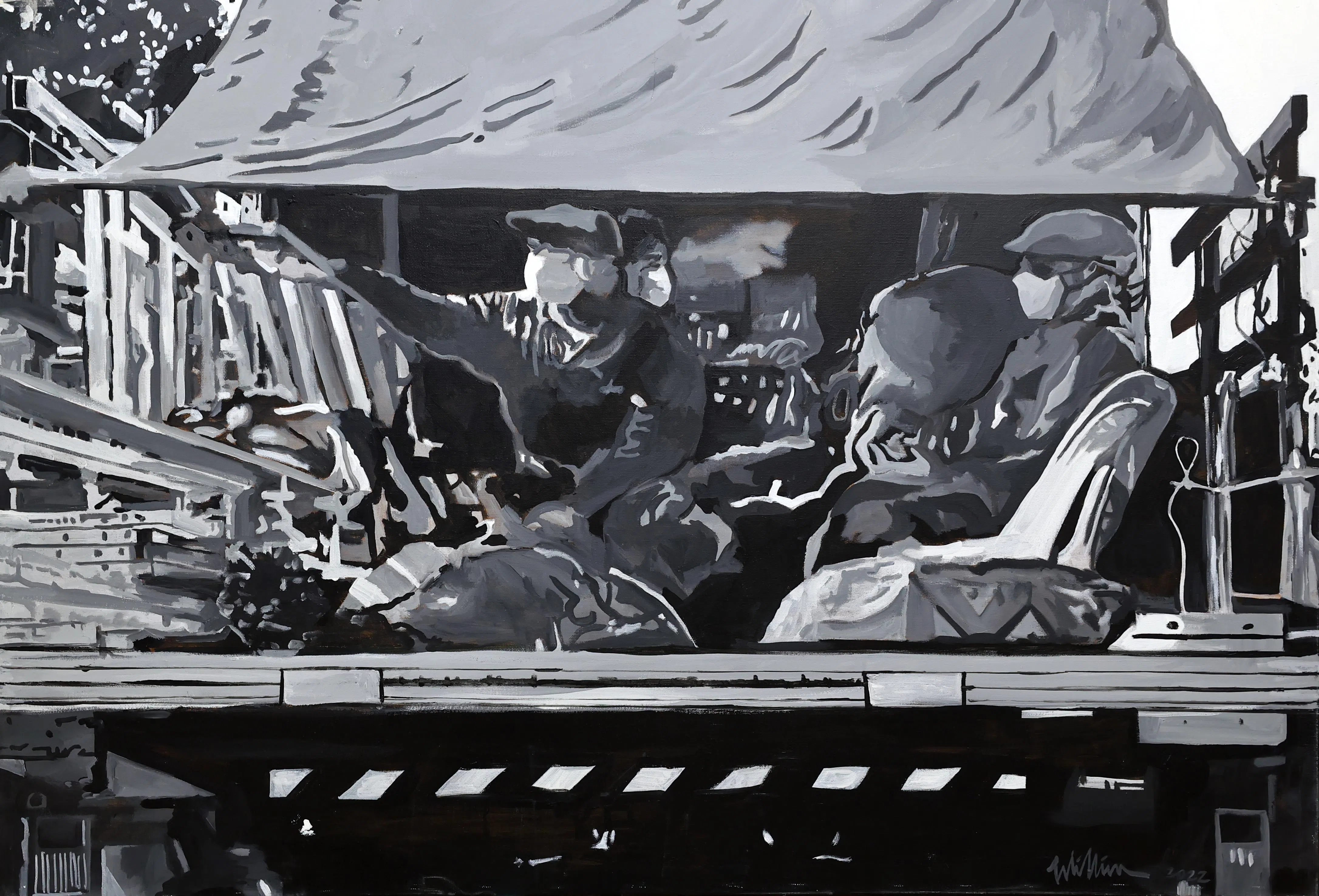 吴锦宏的黑白油画系列之《上班去》。（萧紫薇摄）