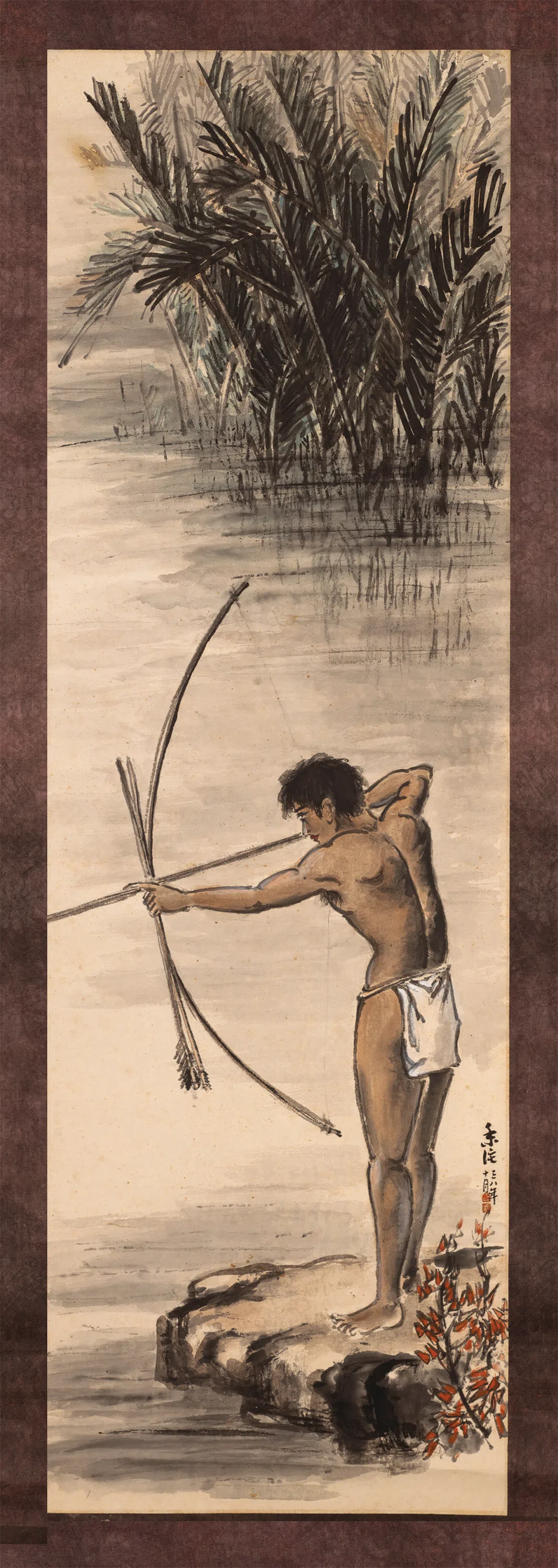 施香沱取材东南亚风土的《沙盖土著渔猎图立轴》。（星凤堂藏品）