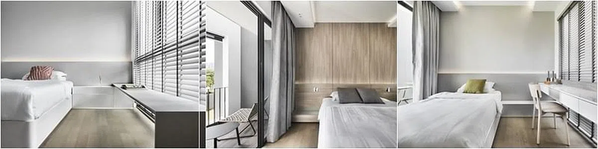 设计师用尽每一寸空间，在孩子较有限的睡房空间里植入了床边柜，窗前还打造了一张书桌，一间房内的生活和储物功能都有了。