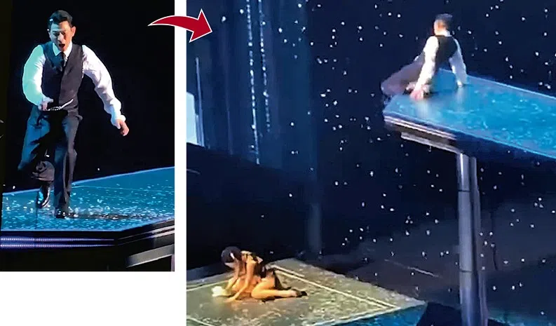 华仔的双膝已滑出高台边悬空。（互联网）