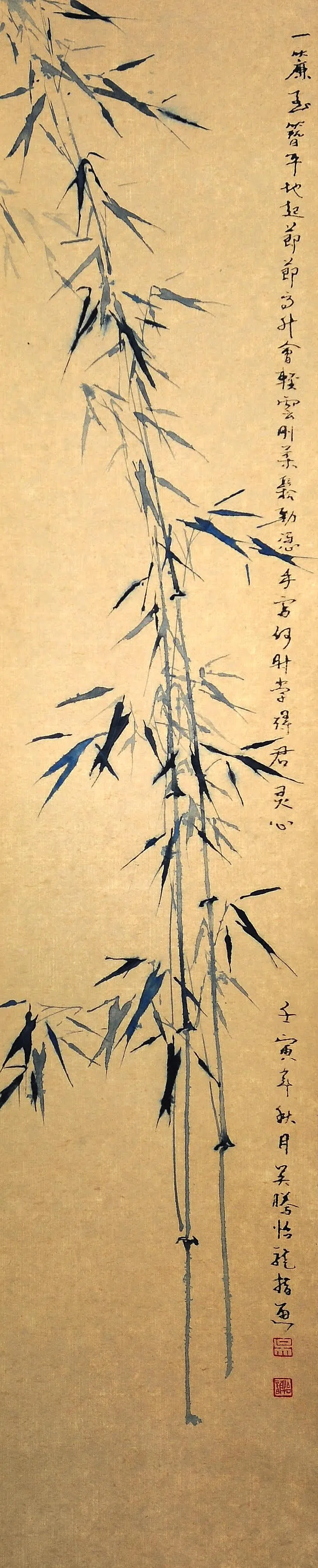 吴怡龙用花青色加墨画出《竹画》。（受访者提供）