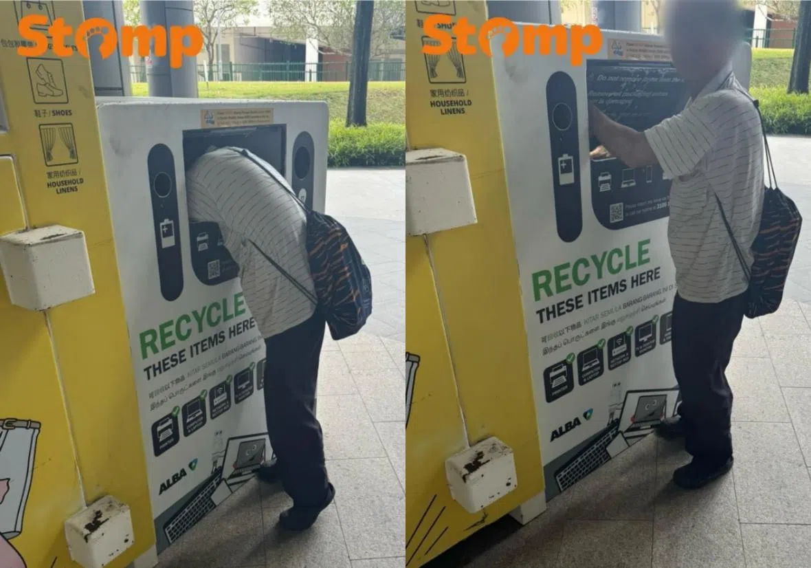 网民于3月22日在实龙岗NEX商场目睹一名男子在电子垃圾回收箱“挖宝”。（取自STOMP截图）