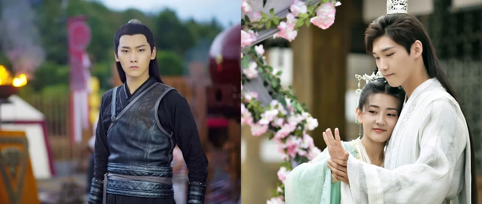 邢昭林在《楚乔传》饰演宇文玥的侍卫月七（左），最后为保护宇文玥而牺牲。右图为他与梁洁在古装甜宠剧《双世宠妃》的剧照。（互联网）