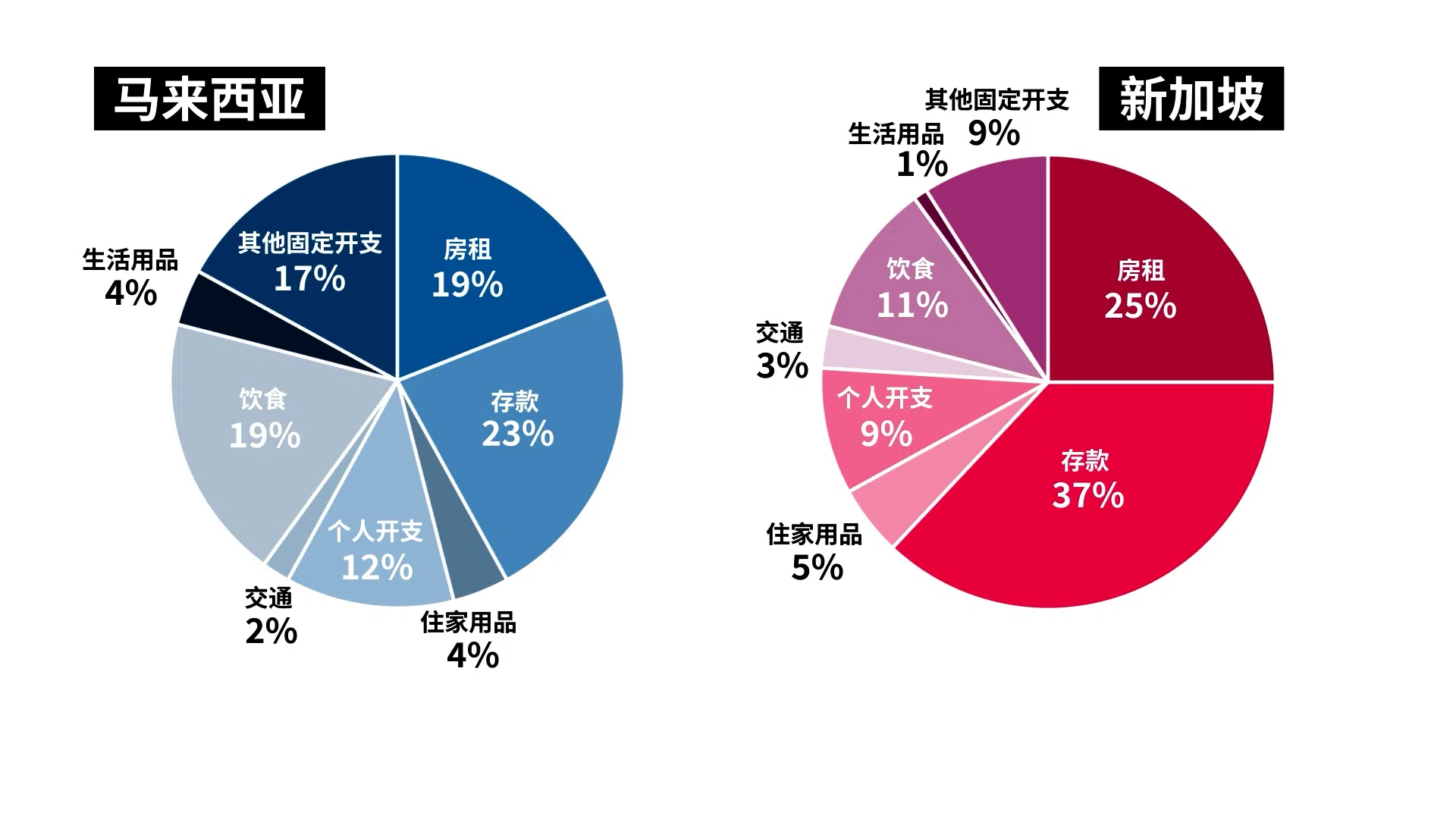 张雪璇每月都记录不同开销占收入的比率，新马两地差别最大的分别是饮食（8个百分点）、个人保险等其他固定开支（8个百分点），以及房租（6个百分点）。（早报制图）
