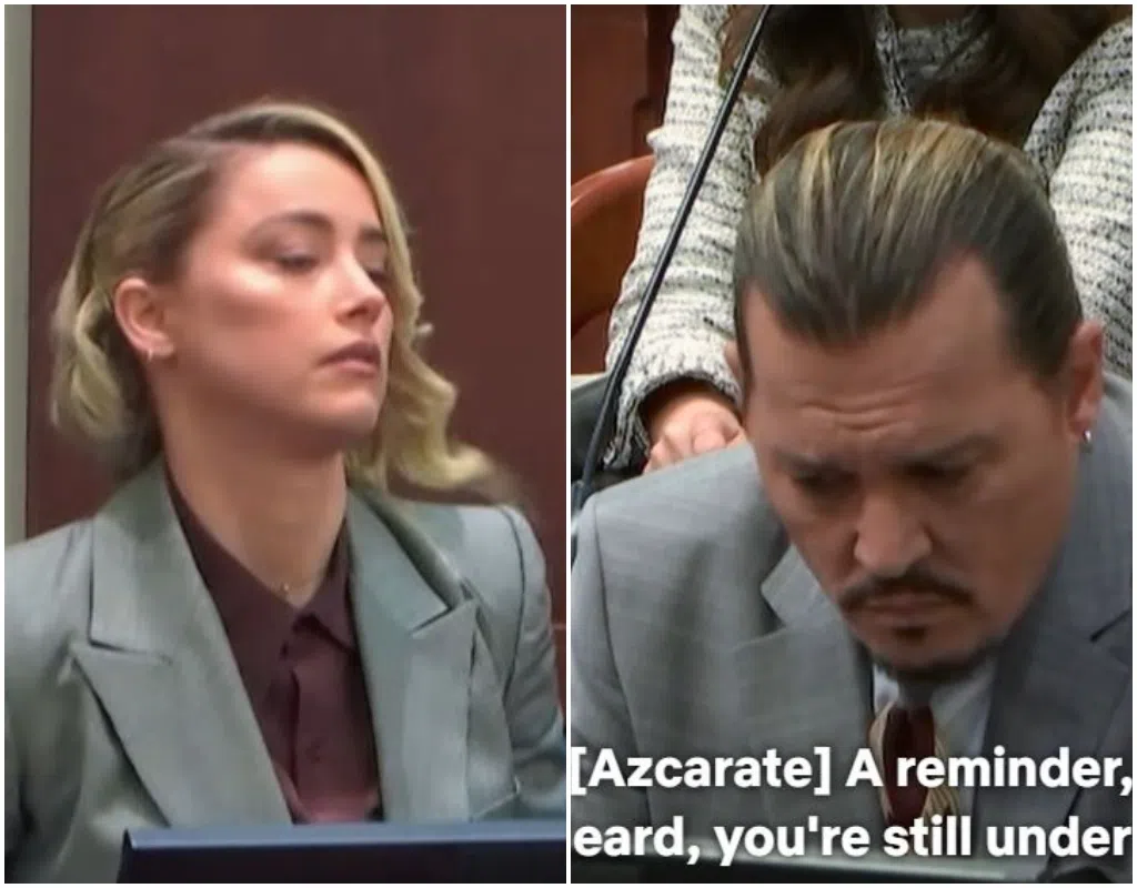 Amber Heard（左）被指抄袭前夫约翰尼·德普的上庭服饰装扮。（截图自Netflix）