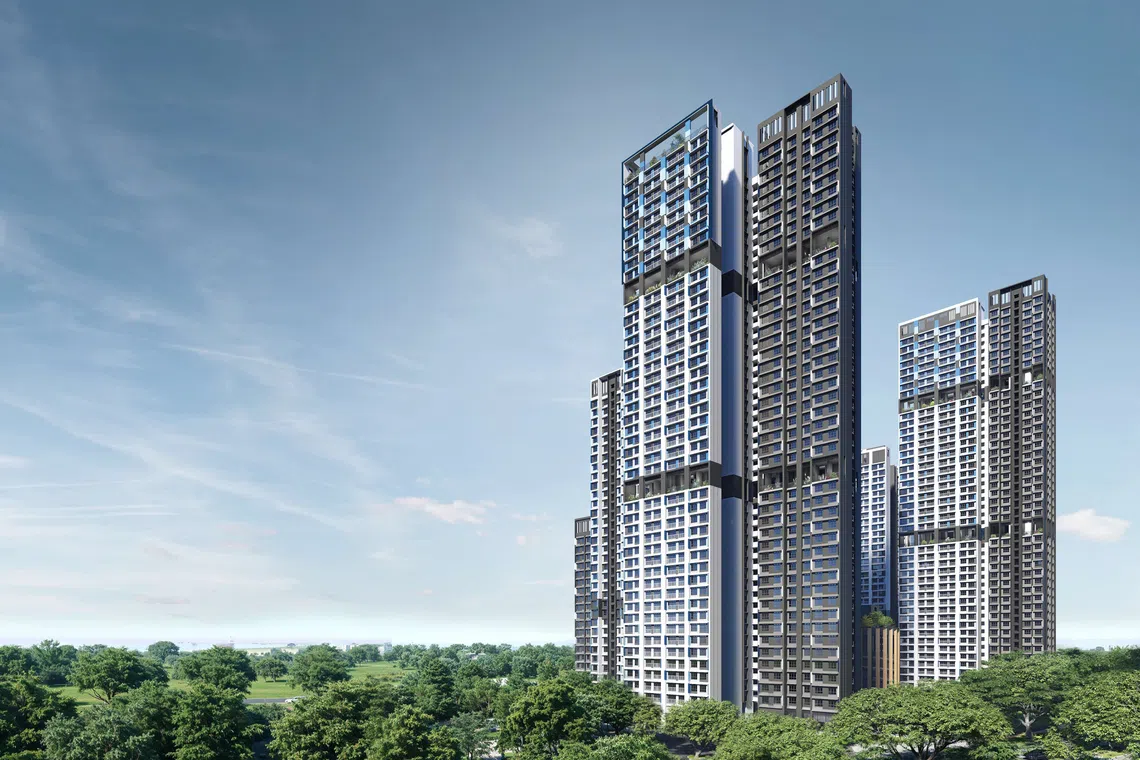 属于黄金地段预购组屋项目的Berlayar Residences将提供约870个二房式灵活单位至四房式单位，以及200个租赁组屋单位。（建屋局构想图）