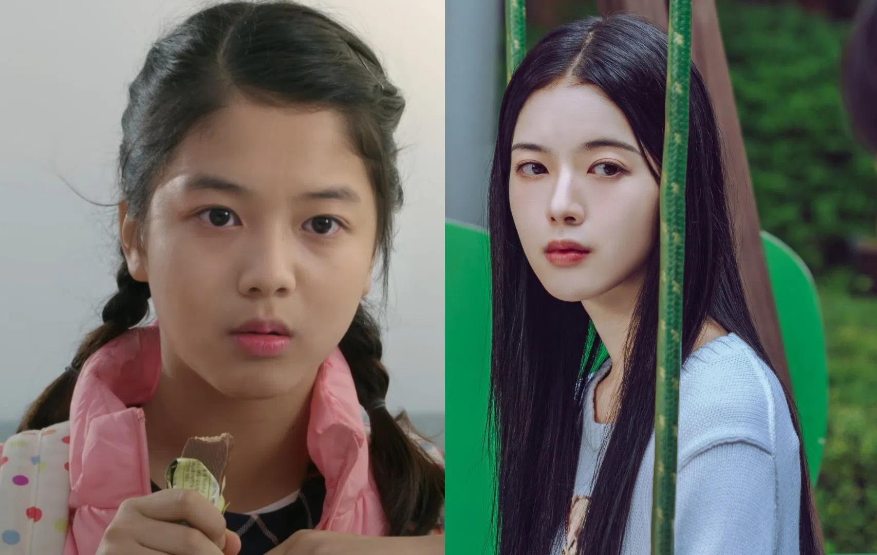 童星出身的卢正义曾在《皮诺丘》饰演小时候的朴信惠（左图），现已蜕变为大美女。（互联网、Netflix提供）