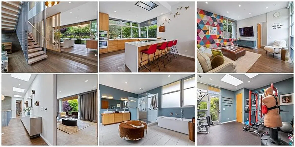 豪宅空间大，除了有螺旋梯（左上图）、偏厅（中上图、右上图），连健身房（右下图）和浴室（中下图）都比一般人家的大得多。（互联网）