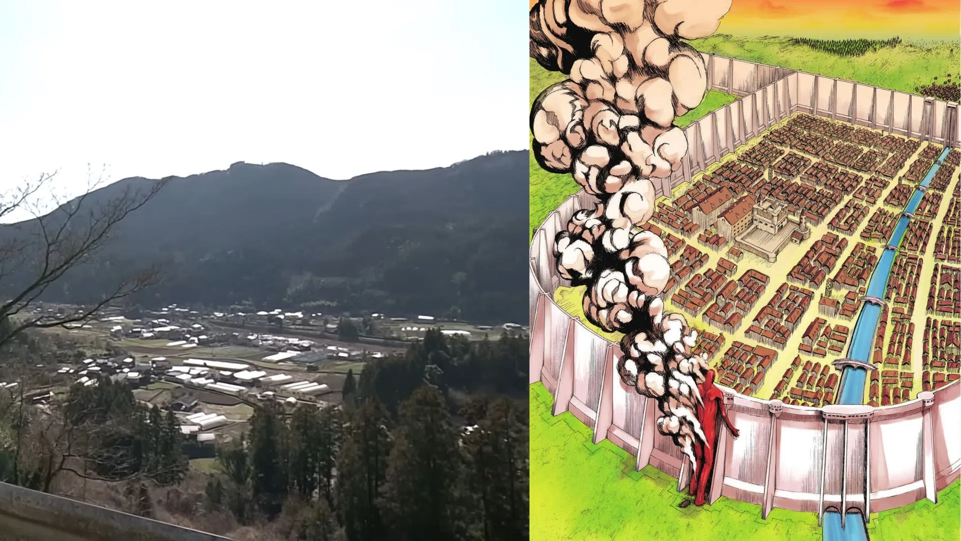 漫画中高墙（右图）的灵感来自被高山包围的作者家乡九州大分县（左图）。（取自NHK World采访视频截图（左）、互联网（右））